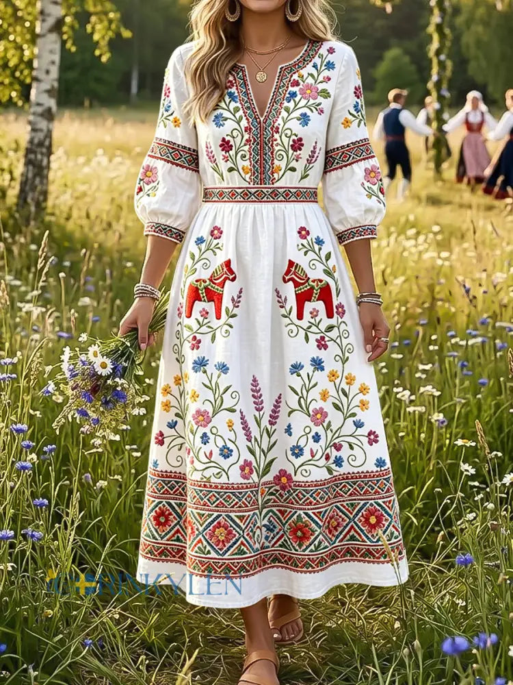 Kvinnors Retro romantisk blomsterkarusel-Print V-hals klänning - flerlog / S