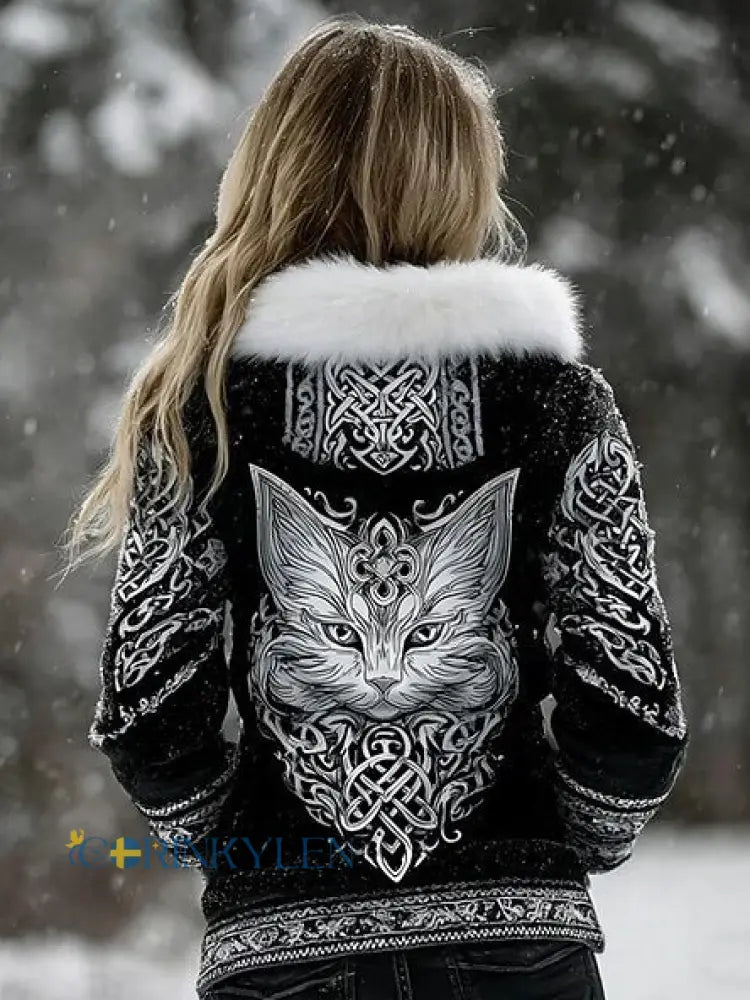 Kvinnors Retro Viking keltisk knop katt Zip-Up Hooded Jacka - svart / S