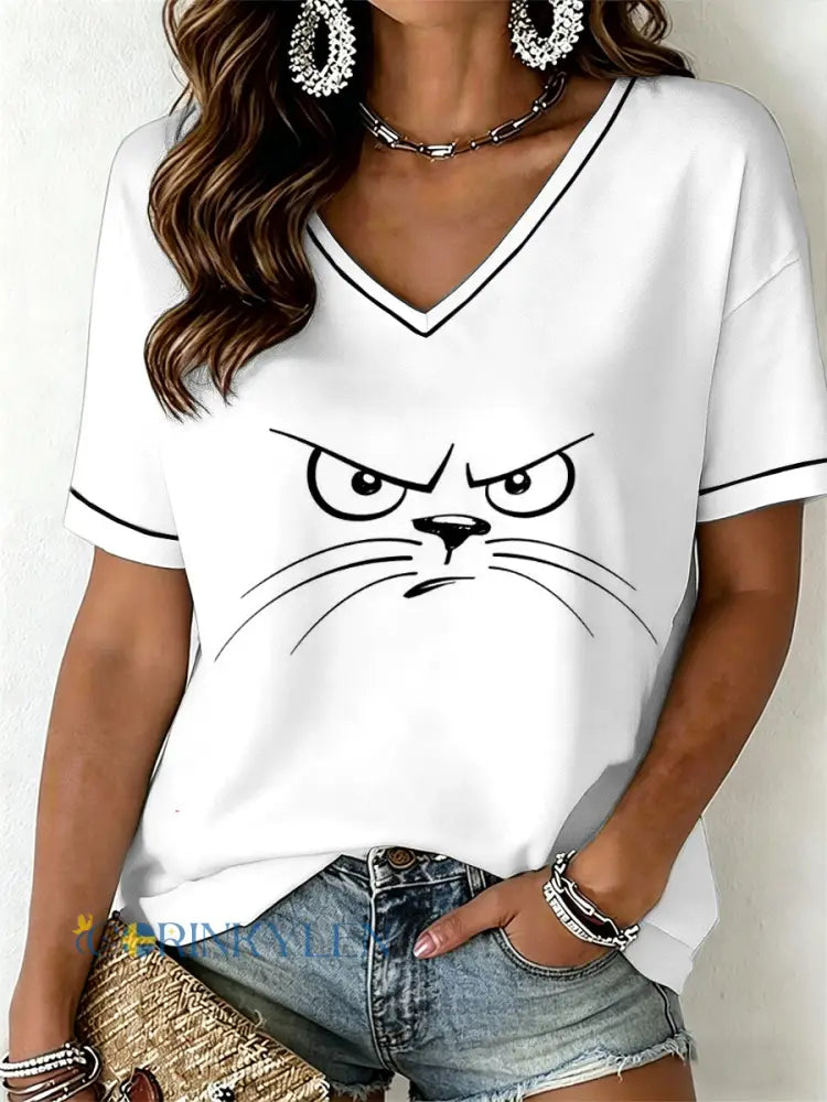 Kvinnors roliga katt V-hals T-shirt - vitt / S