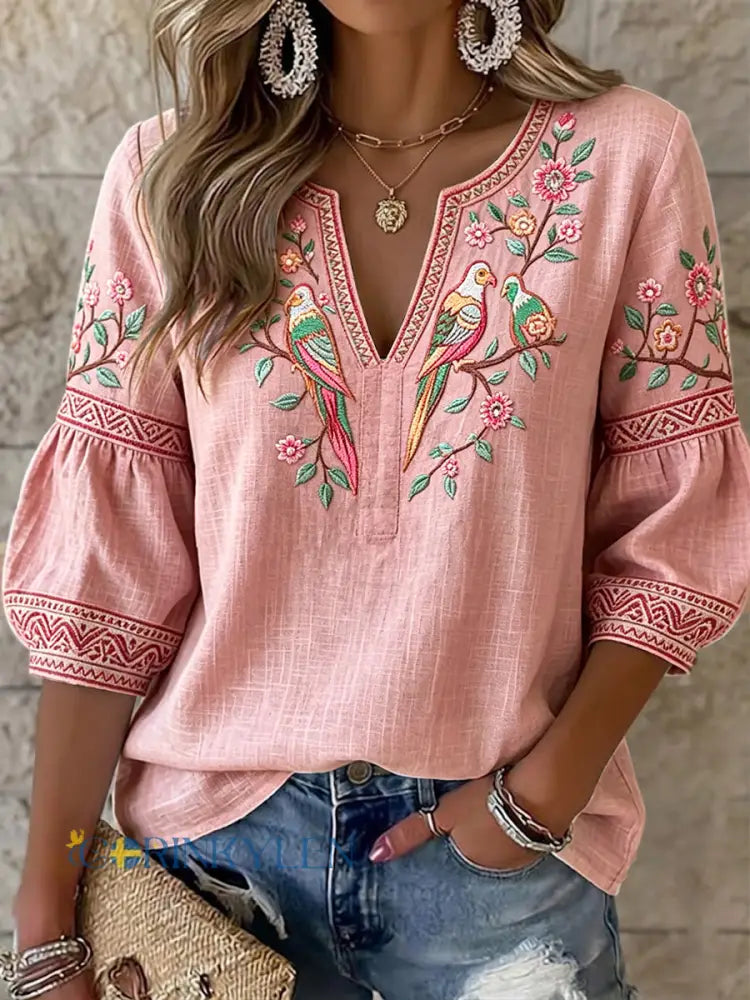 Kvinnors rosa traditionella blommor och fågel 3D-tryckta Casual V-hals bomull-Linen T-shirt - runk / S