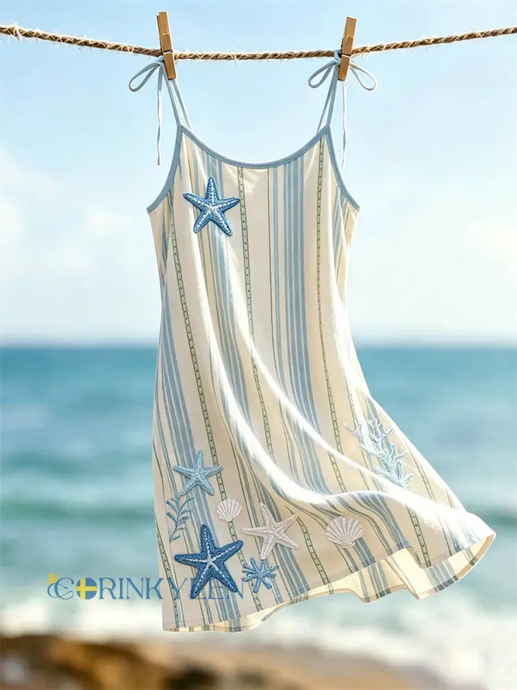 Kvinnors sjöstjärnar Sea Shells Strandränkta Print Cami Mini klänning - ljusblåa / S