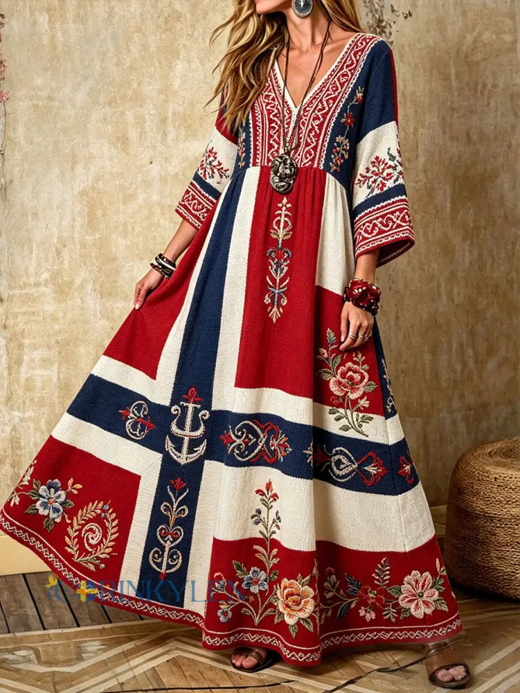 Kvinnors Skandinavien Style Nordic Floral Viking konst Tryckt linneklänning - som bild / S