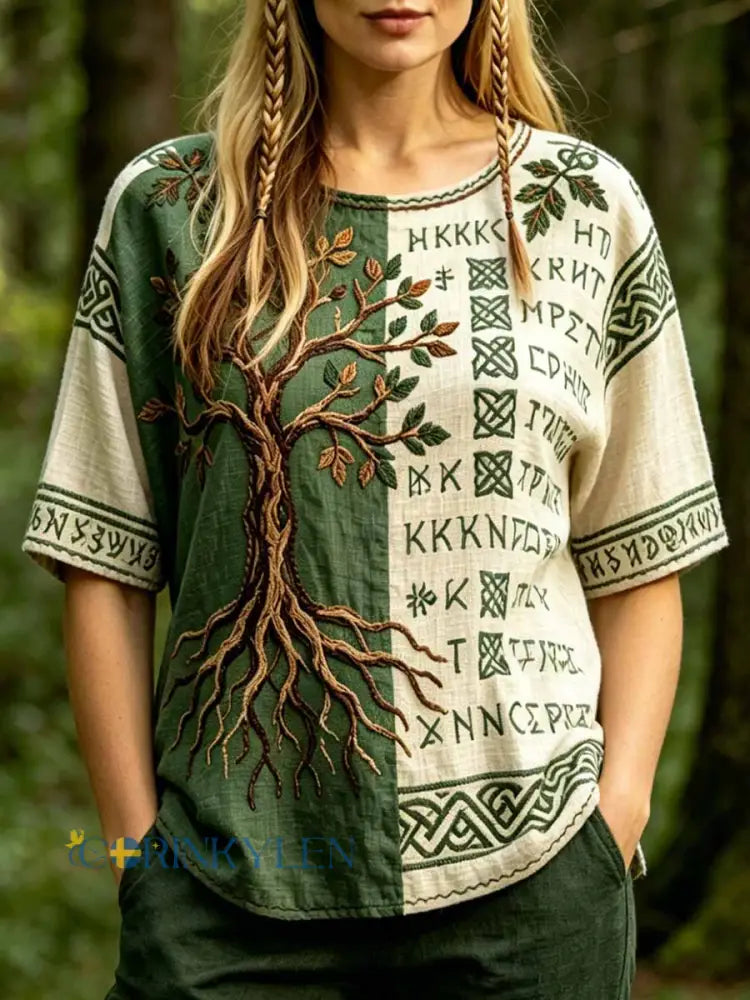 Kvinnors skogsträd i livet Viking tryck T-shirt - som bild / S
