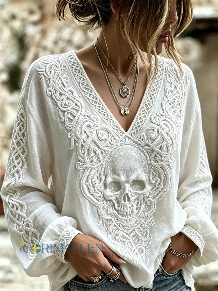 Kvinnors Skull Viking keltisk knop Skriv ut bomull-Linen skjorta - vitt / S