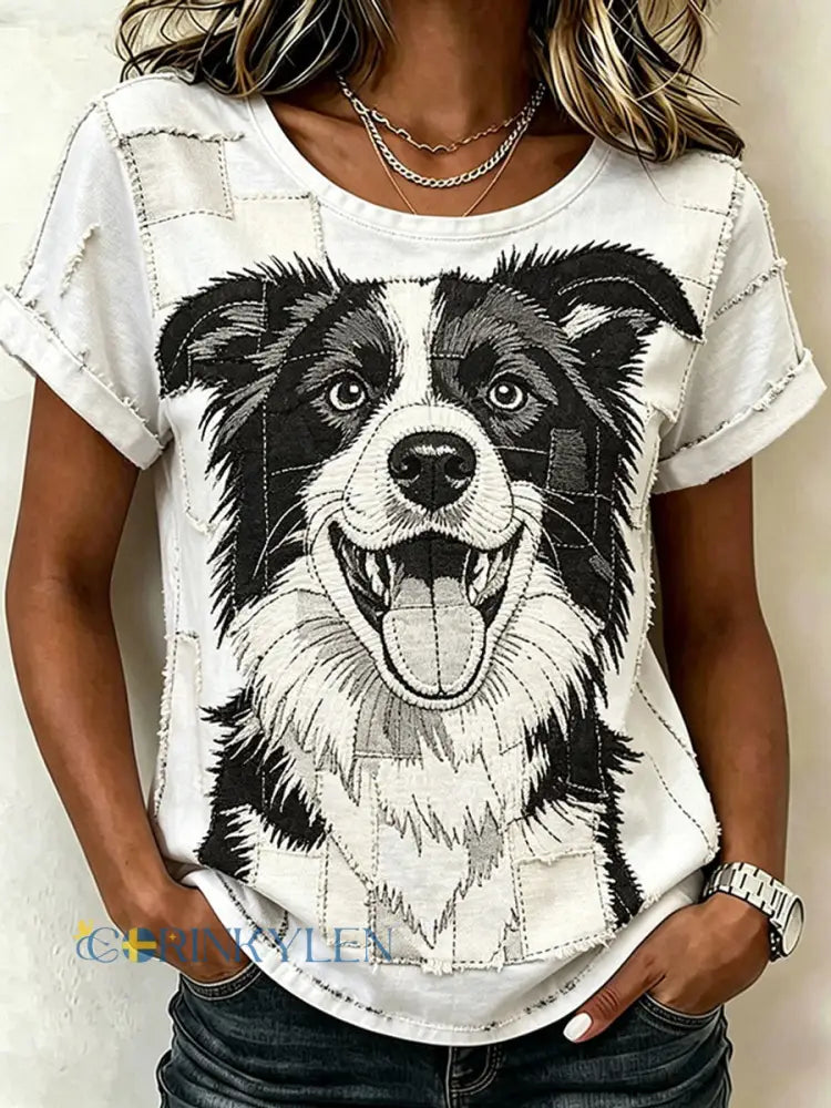 Kvinnors söta djurhund kortärmad casual t-shirt - som bild / S