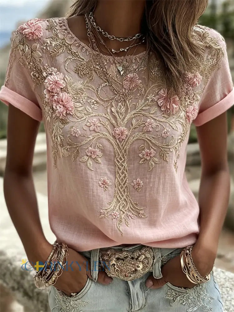 Kvinnors stil Pink Floral Tree of Life Celtic Print linne kortärmade T-shirta - runk / S