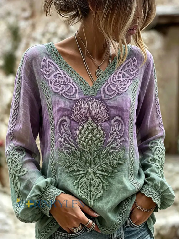 Kvinnors stilfull viking inspirerad skotska titel keltiska tryck bomull-Linen skjorta - mörkt / S