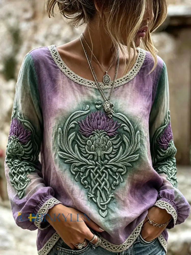 Kvinnors stiliga viking inspirerade keltiska skotska titel Print bomull-Linen skjorta - mörkt / S