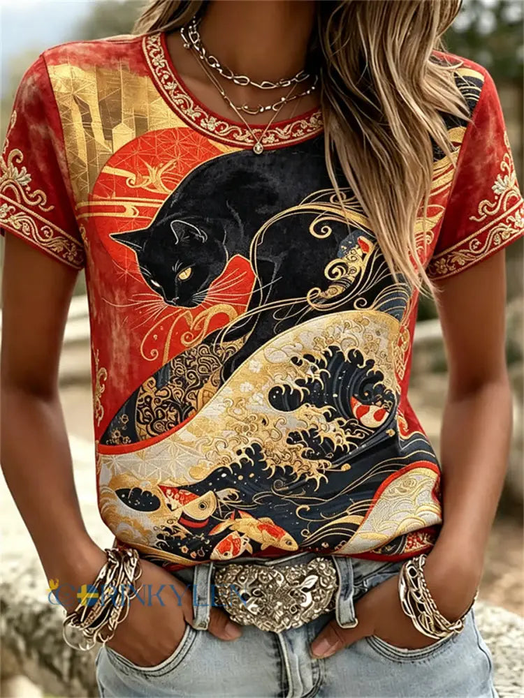 Kvinnors svarta katt & havsvågor Japansk konst Print T-shirts - röd / S