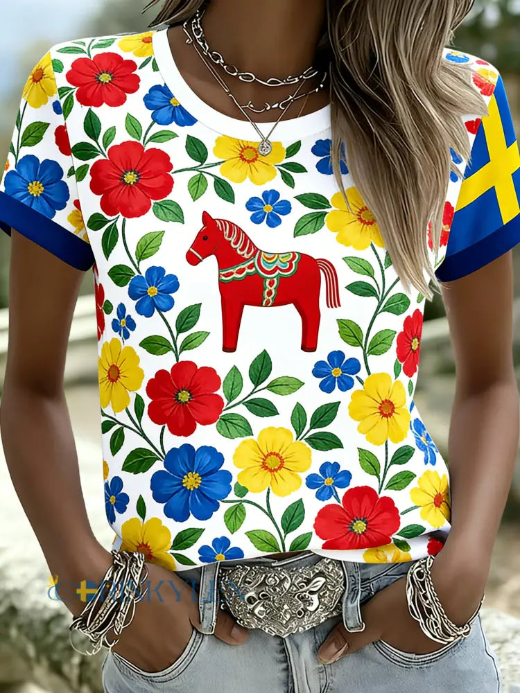 Kvinnors svenska Dalahäst Element Lokal stil Konst Skriv ut T-Shirt - A / S