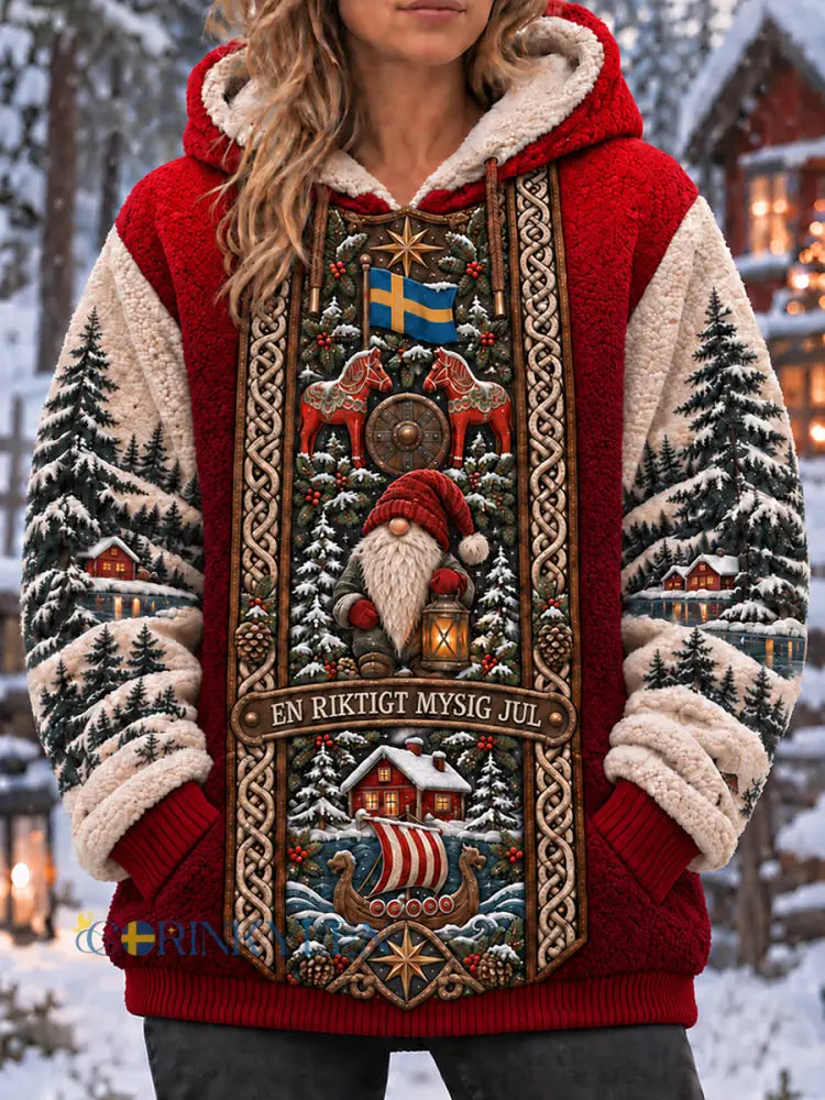 Kvinnors svenska jul tryckt rund hals Långärm med huvad - röd / S