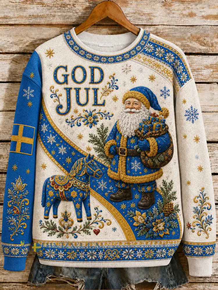 Kvinnors svenska jul tryckt rund hals Långärmade Sweatshirt - blå / S