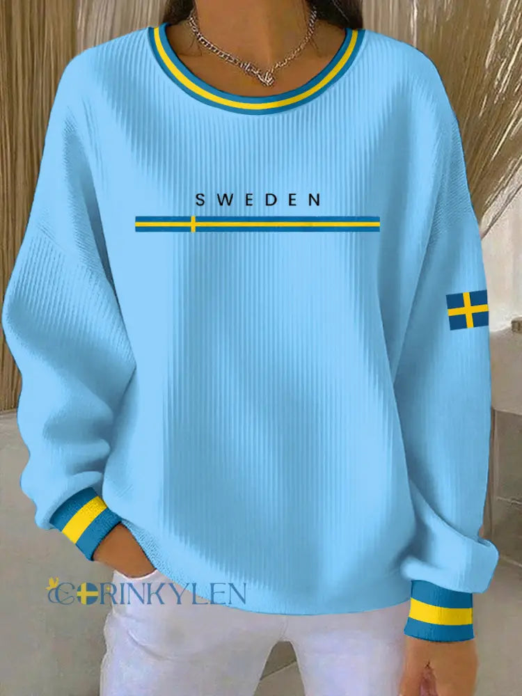 Kvinnors svenska konst Print Casual Sweatshirt - ljusblå. / S