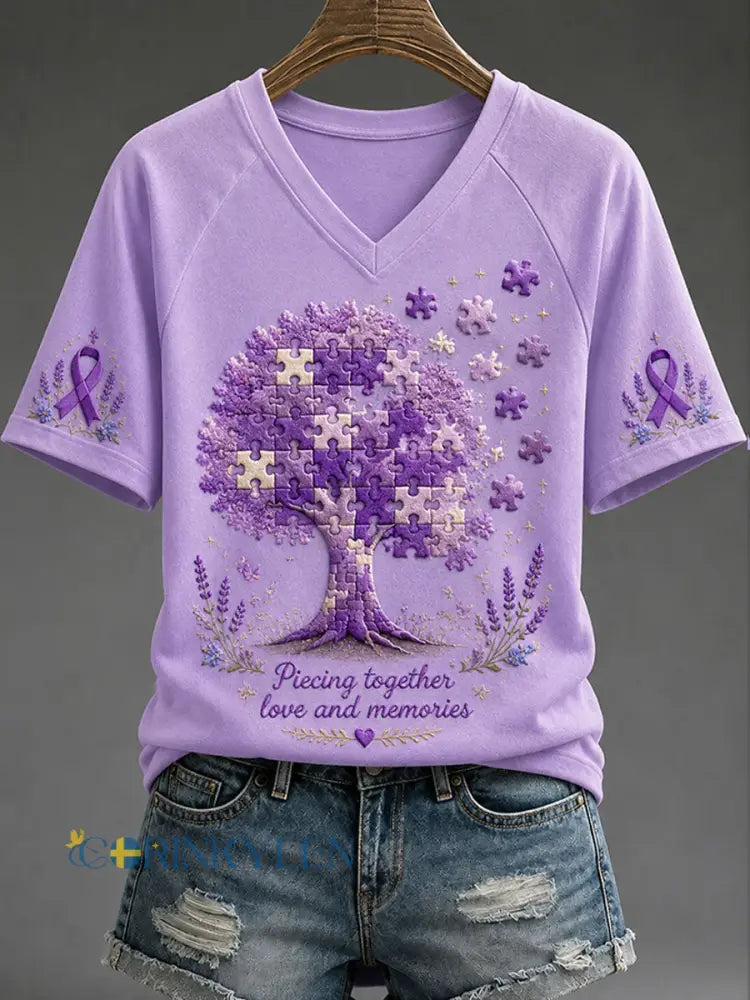 Kvinnors t-shirt med motivet ”Lima samman kärlek och minnen – Alzheimertemat” - ljus purpura / S