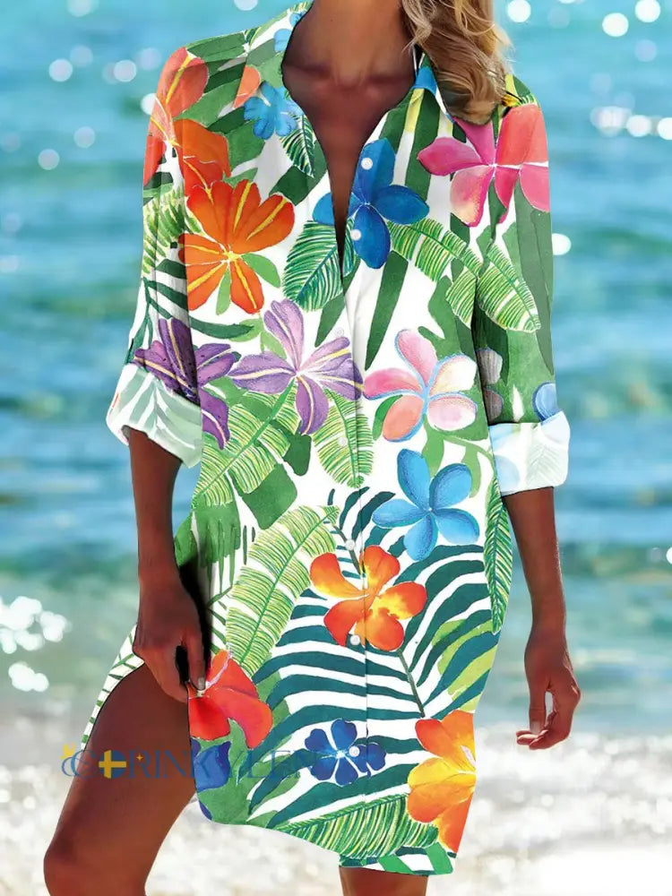 Kvinnors tropiska blomster Print Casual Mid-Längd skjjorta - som bild / S