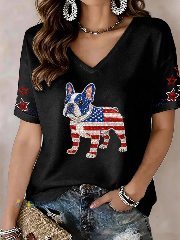 Kvinnors vackra franska Bulldog Rhinestone mönster V-hals T-shirt - svart / S