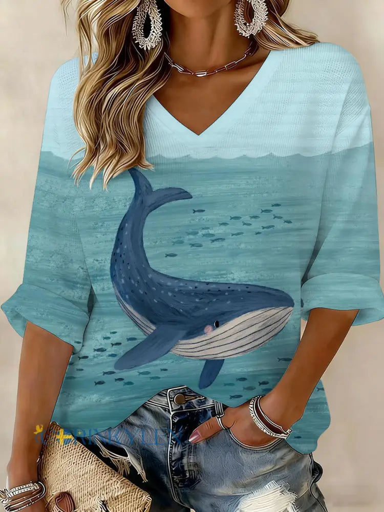 Kvinnors val World Ocean Dag tryckt våffel T-shirt - som bild / S