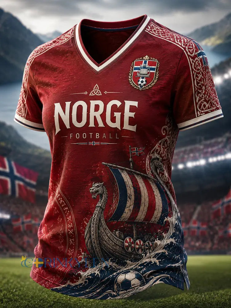Kvinnors viking fotboll Print Casual Short-Sleeve V-Hack topp - A / S