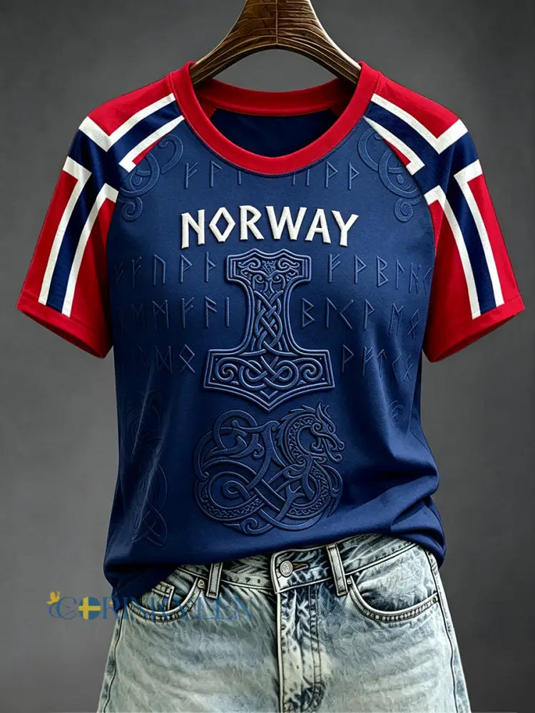 Kvinnors Viking Inspirerad konst Celtic Norway Flag Skriv ut Round Hals Kort ärm T-shirt - djupblåa / S