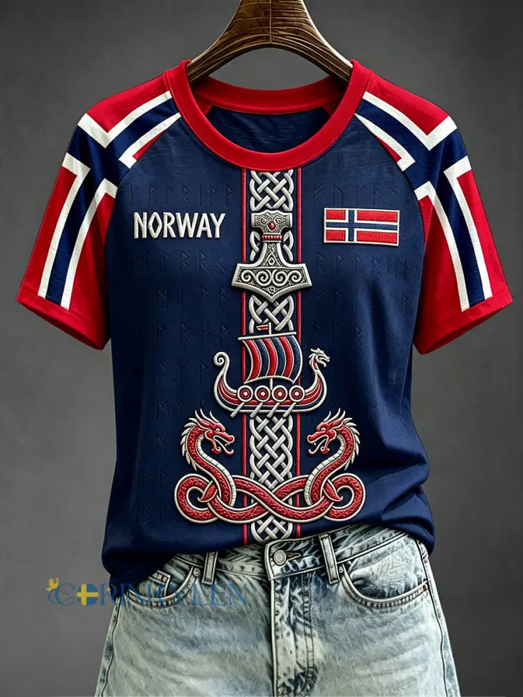 Kvinnors Viking Inspirerad konst Norge Flag Skriv ut Round Hals Kort ärm T-shirt - djupblåa / S
