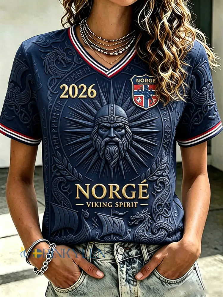 Kvinnors Viking Inspirerad Tryck Norge Fotbollsfläkt kortärmad T-shirt - djupblåa / S