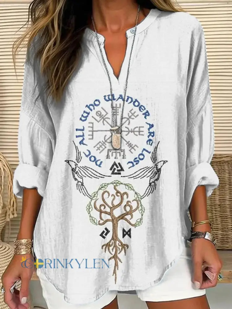 Kvinnors Viking Rune broderimönster Kvinnors V-hals lin blandning skjorta - vitt / S