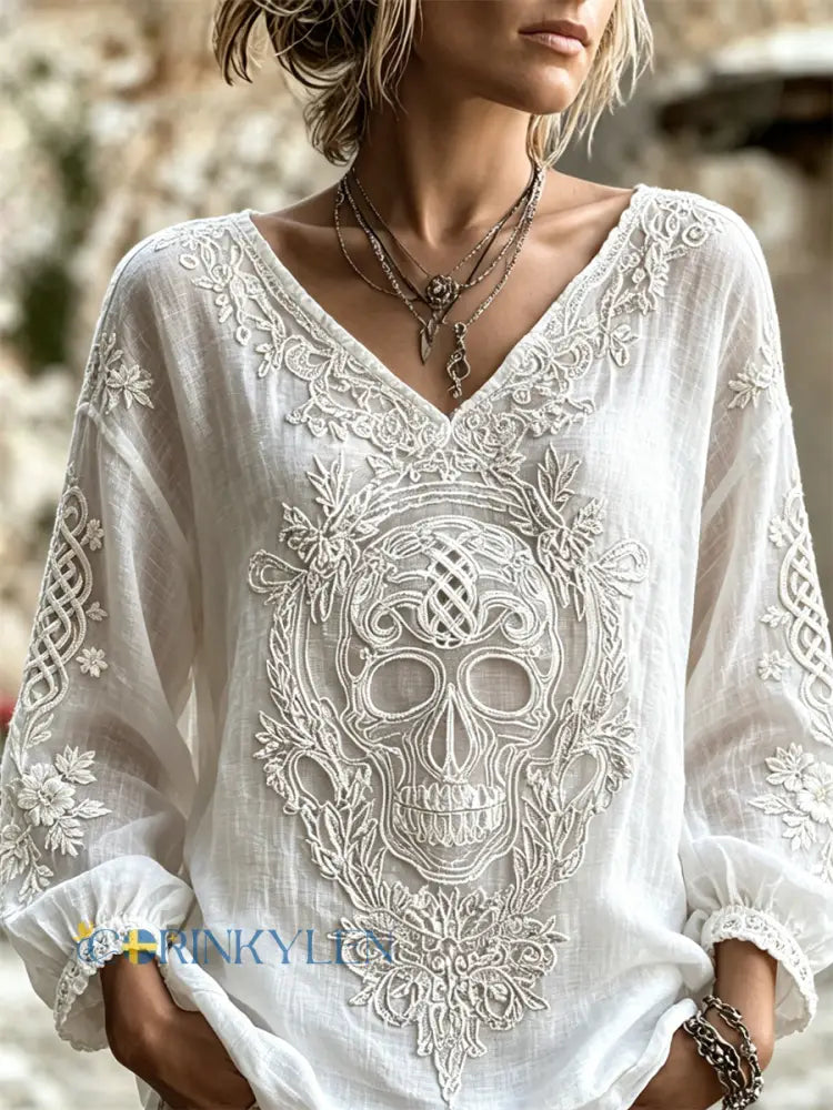 Kvinnors Viking Skull keltisk knop Floral Print bomull-Linen skjorta - vitt / S