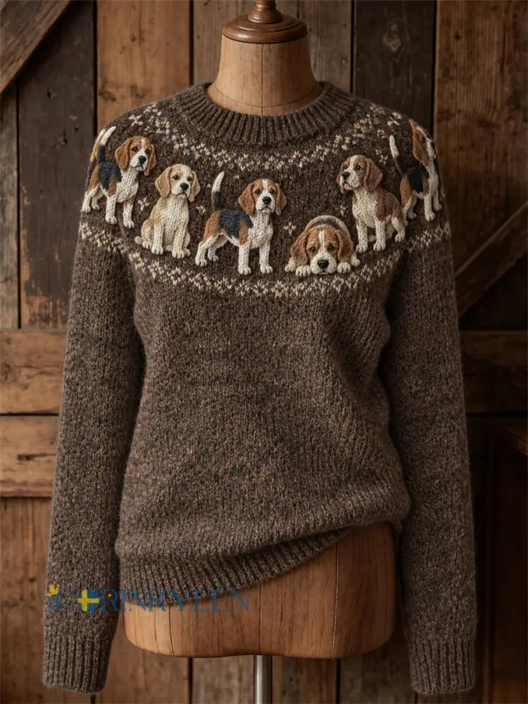 Kvinnors Vintage Beagle hundar Yoke Isle Print besättning hals tröjar - mörk brun / S