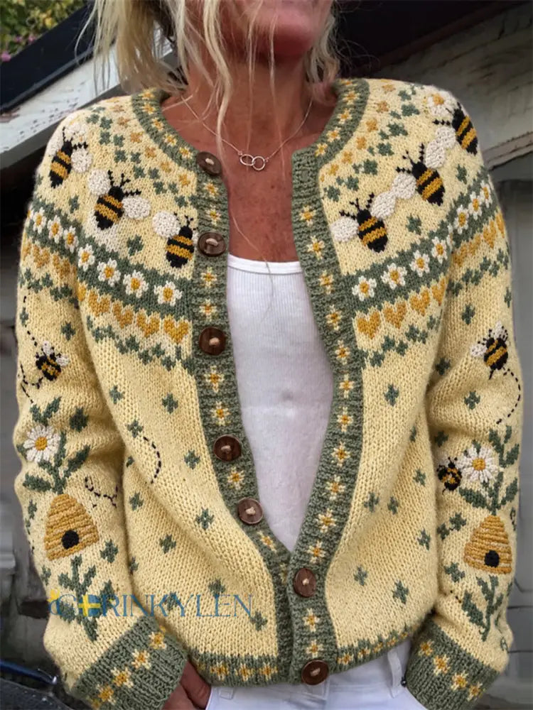 Kvinnors Vintage Bin Farm Floral Isle Print Cardigan-stil Stil jacka - gul / S