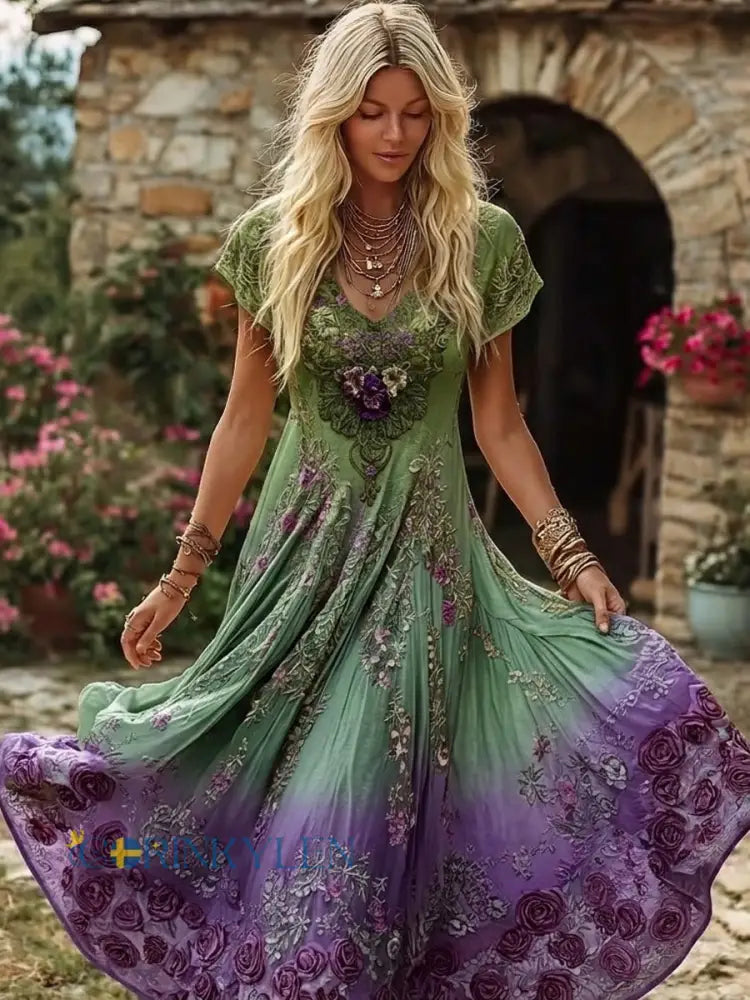 Kvinnors Vintage Boho Floral Art lila gradient Skriv ut Flowy Maxi klänning - mörkt / S