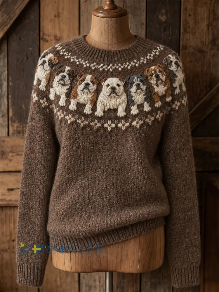 Kvinnors Vintage Bulldogs Yoke Isle Print besättning hals tröjar - mörk brun / S