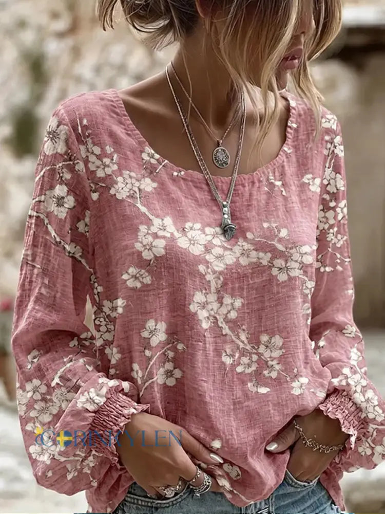 Kvinnors Vintage Floral Art Print Casual Cotton-Line Topp - A / S