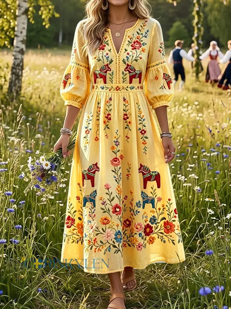 Kvinnors Vintage Floral Dala Häst konst V-hals klänning - flerlog / S