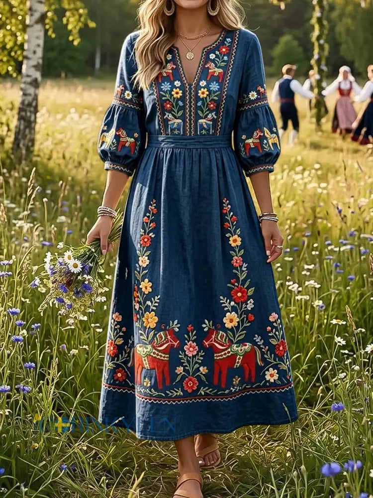 Kvinnors Vintage Floral Rocking Häst konst V-hals klänning - flerlog / S