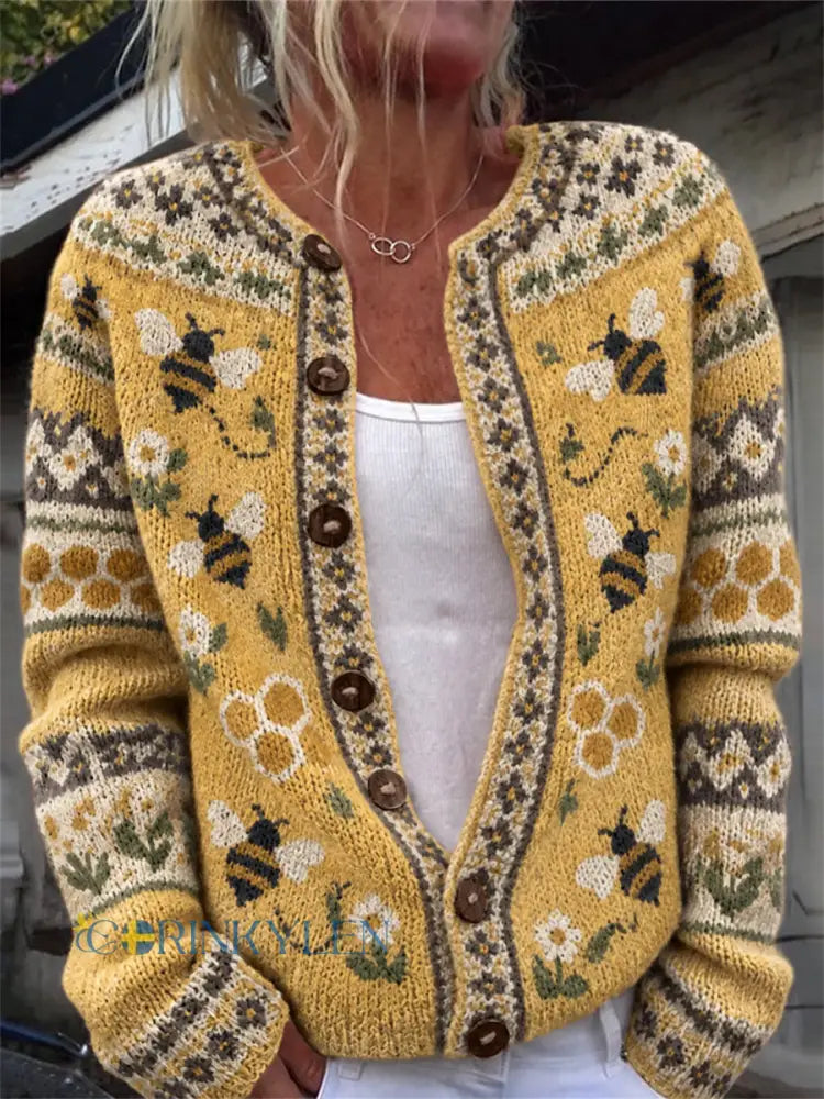 Kvinnors Vintage Flying Bin Honeycomb Floral Isle Mönster Cardigan-Style sticka jacka - gul / S