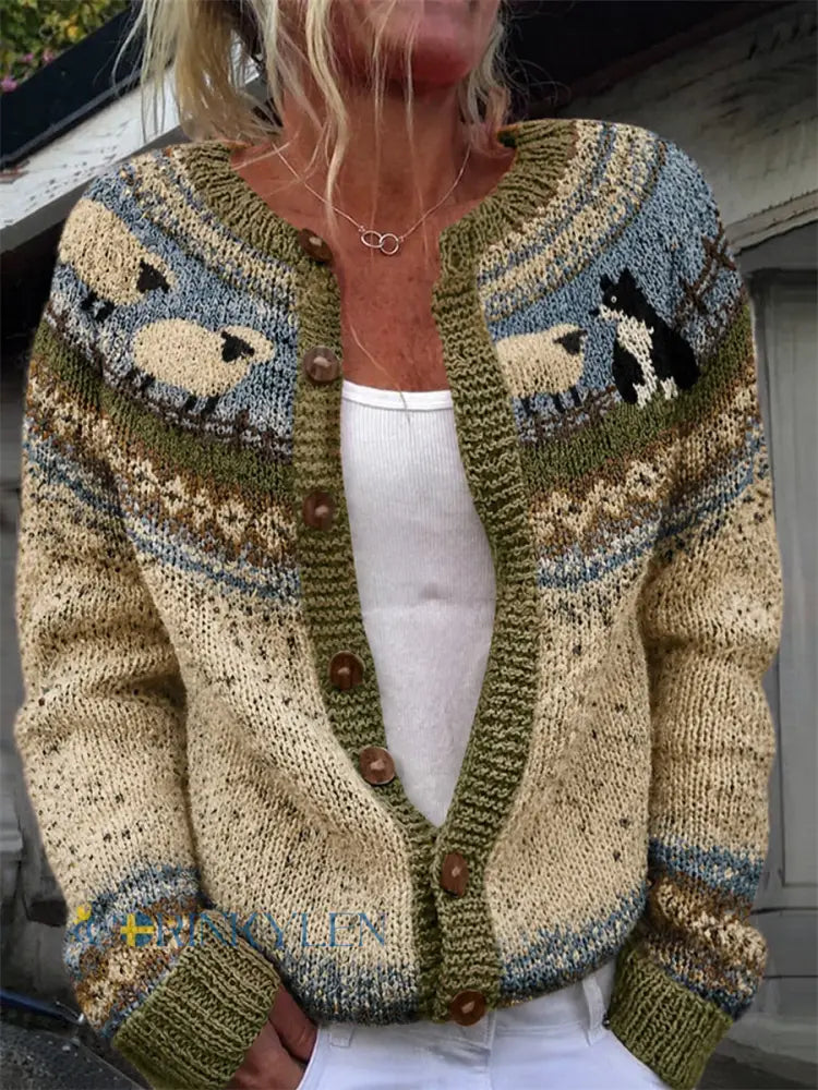 Kvinnors Vintage gård gräns Collie & Får joke Isle Print Mysig Cardigan - bäie / S