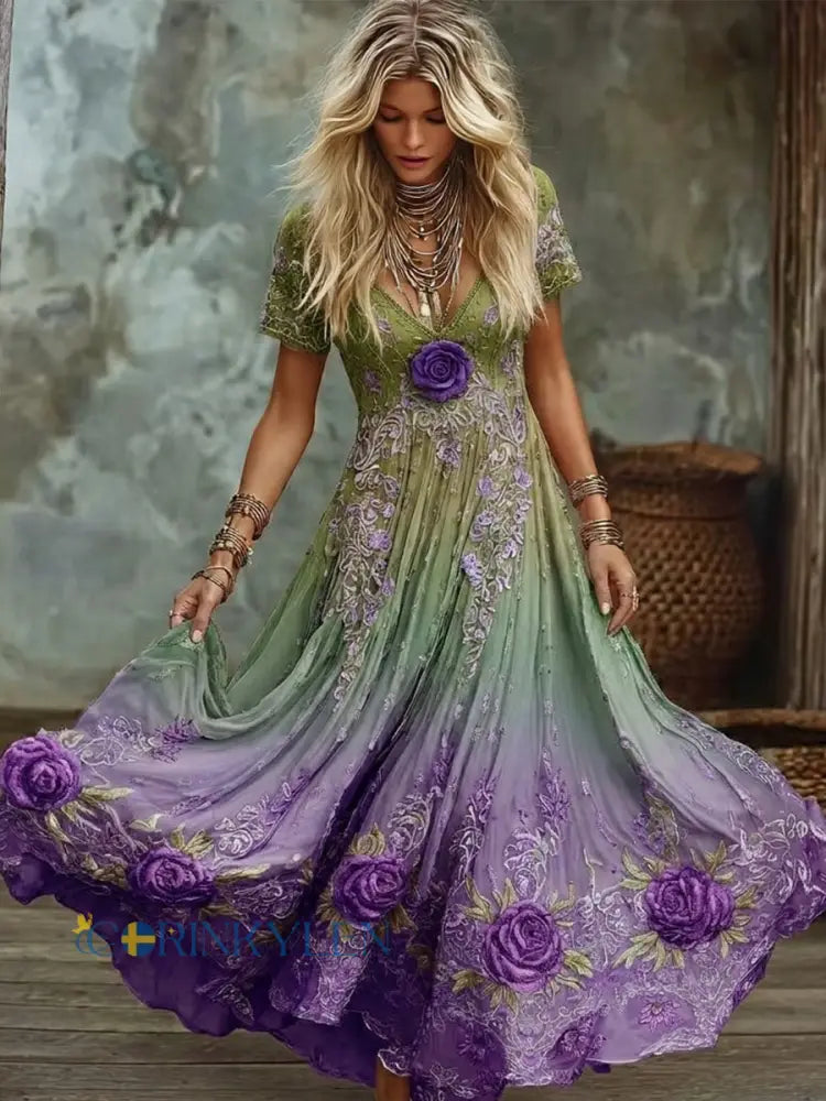 Kvinnors Vintage lila ros Gradient Art Print V hals Flowy Maxi Klänning - mörkt / S
