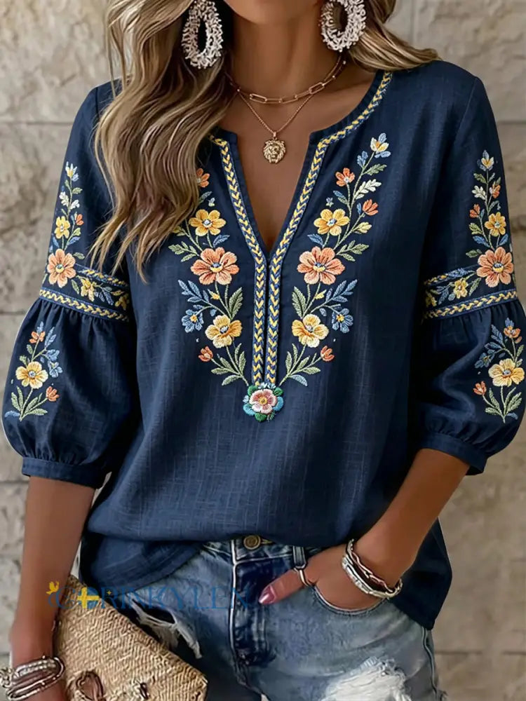 Kvinnors Vintage Svenska midsommar Etnisk Floral Art V-Hack Topp - flerlog / S