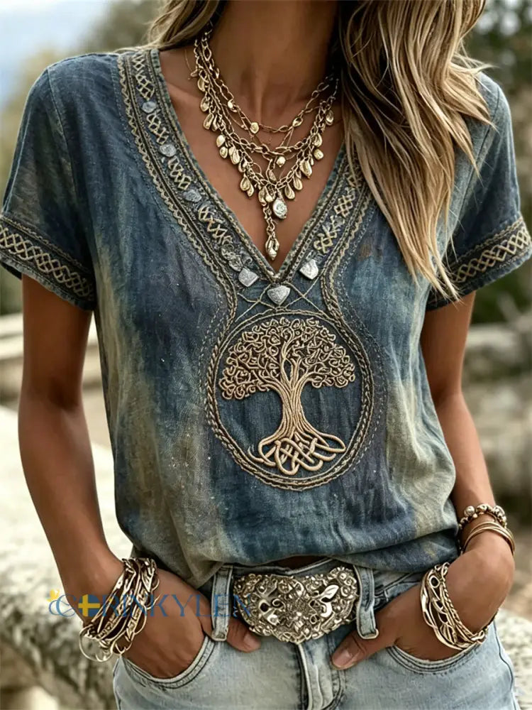 Kvinnors Vintage Viking Tree of Life Celtic Print Färgad linne kortärmad T-shirt - mörk blå / S