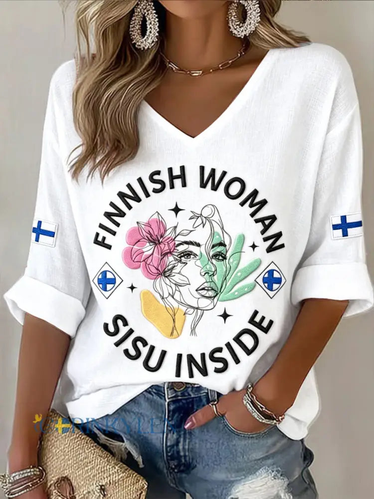 Kvinnors Vita Finska midsommar Sisu Skriv ut Casual V-hals Långärmad T-shirt - vitt / S