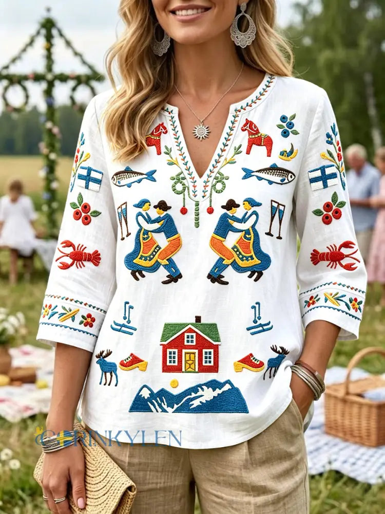 Kvinnors Vita Finska midsommarstuga Skriv ut Casual V-hals T-shirt - vitt / S