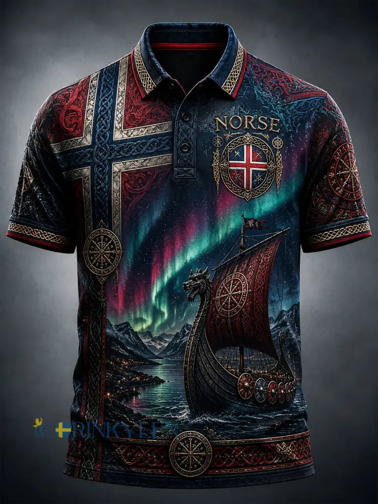 Lättviktig polotröja med vintage norsk viking-/skandinavisk folkkonsttryck - A / S