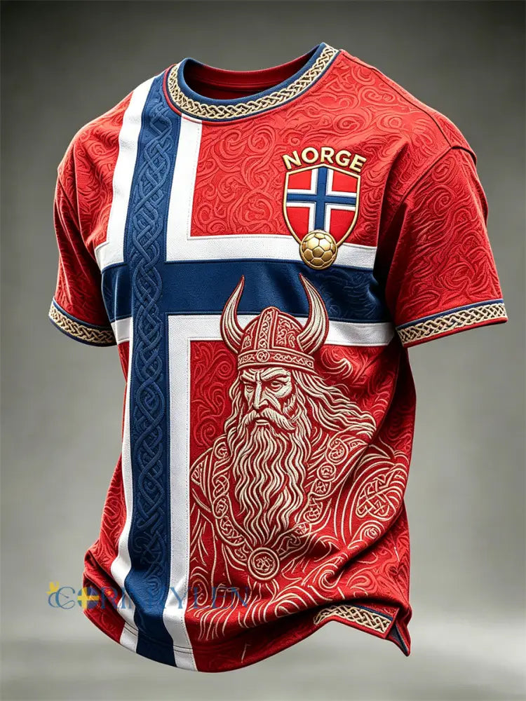 Män Norge Norge Fotboll Viking Krigare Celtic Knot Flag Färgblock Skriv ut korta ärmar t-shirt - röd / S