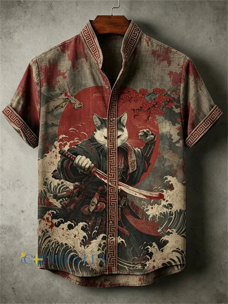 Mäns blodiga katt Samurai Sea Waves Japanska konst Print skjorta - grå / S