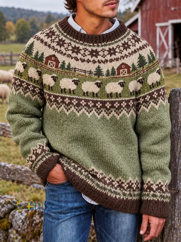Mäns gård djur mönster design avslappnad imitation tröjar - grönt / S