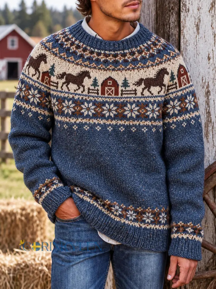 Mäns gård häst mönster design avslappnad imitation tröjar - djupblåa / S