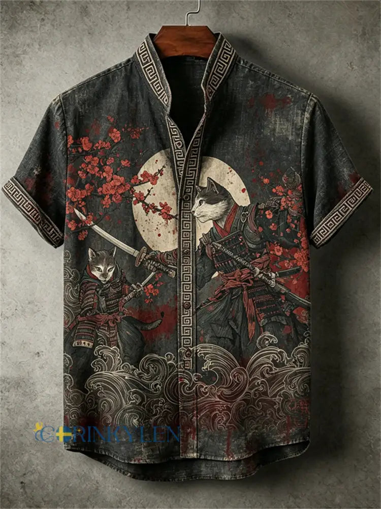 Mäns katt Samurai Duel Full Moon Bloody Japanese Art Print skjorta - svart / S