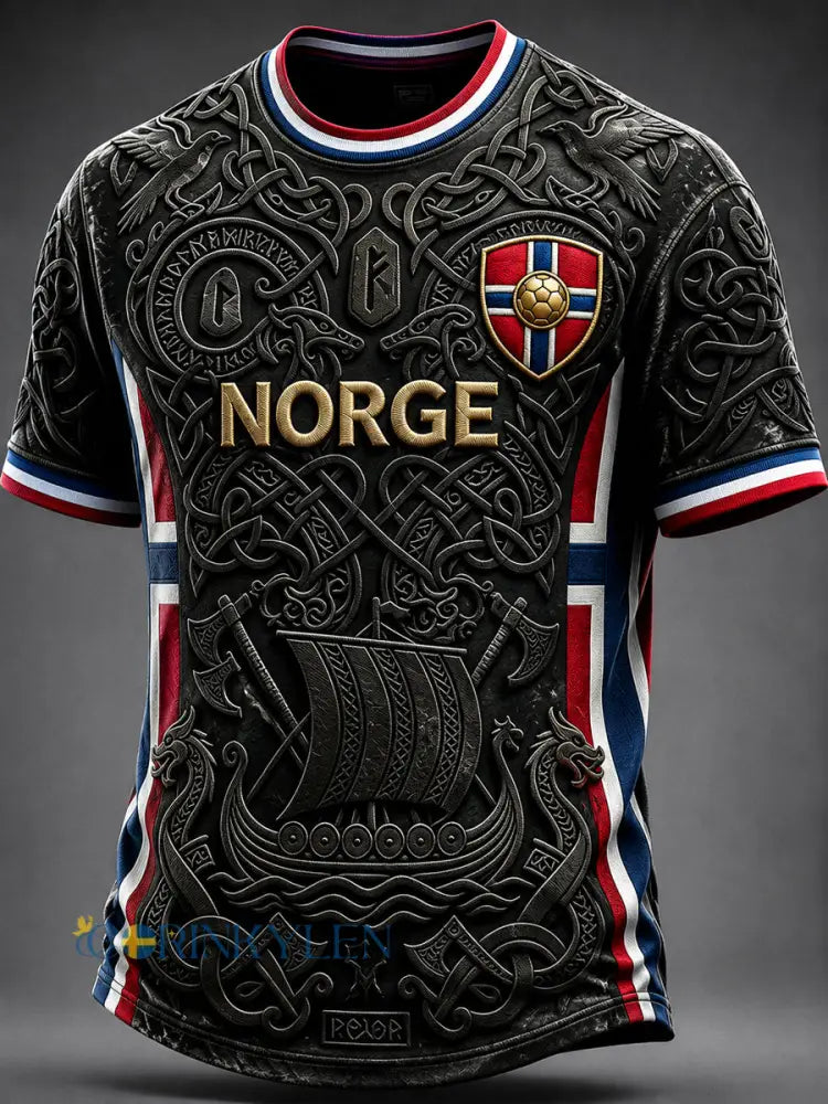Mäns Norge Fotboll Viking Inspirerad konst Print Korta ärmar T-shirt - svart / S