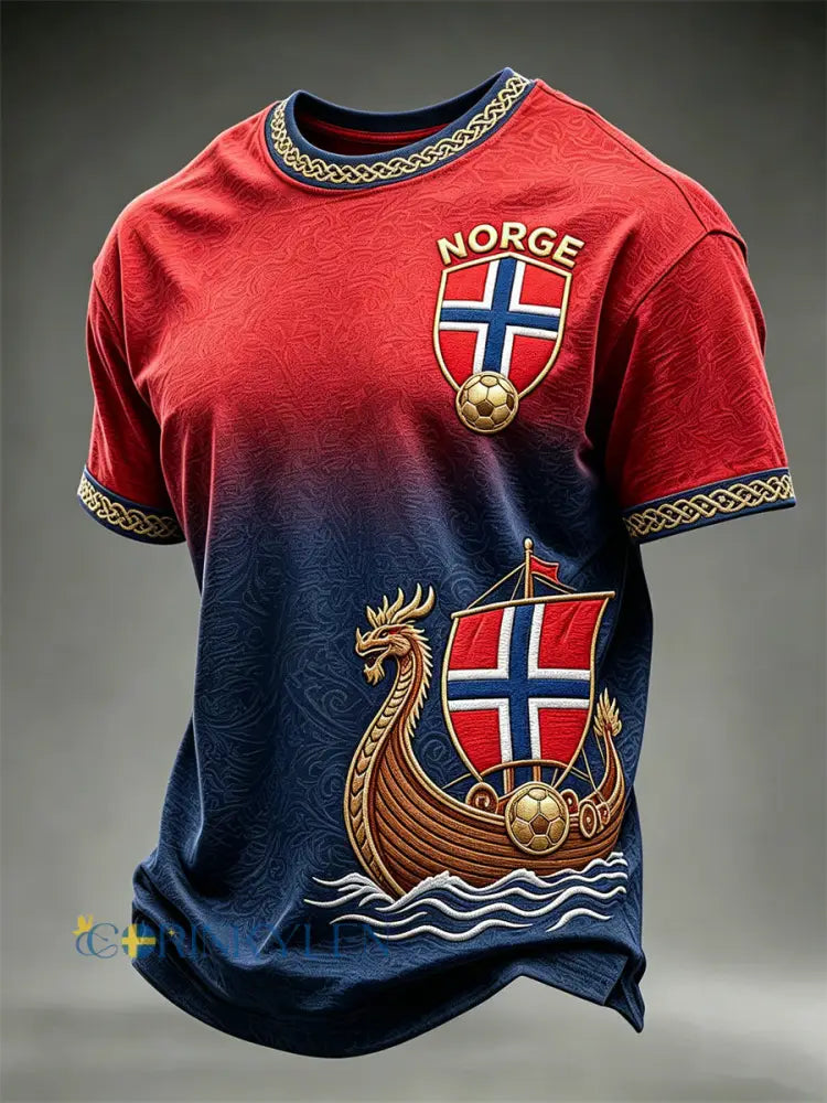 Mäns Norge Fotboll Viking Ship Flag Gradient Skriv ut korta ärmar t-shirt - röd / S