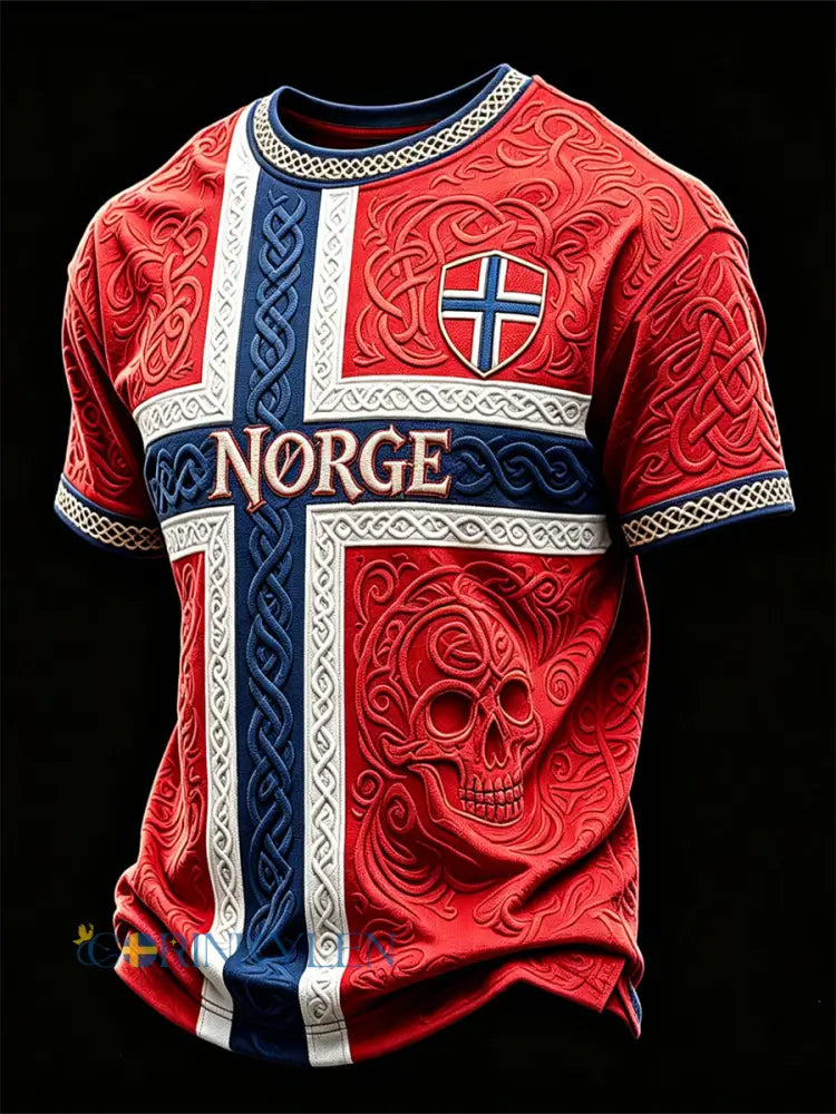 Mäns Norge Fotboll Viking Skull Celtic Knop Flag Färgblock Skriv ut korta ärmar t-shirt - röd / S